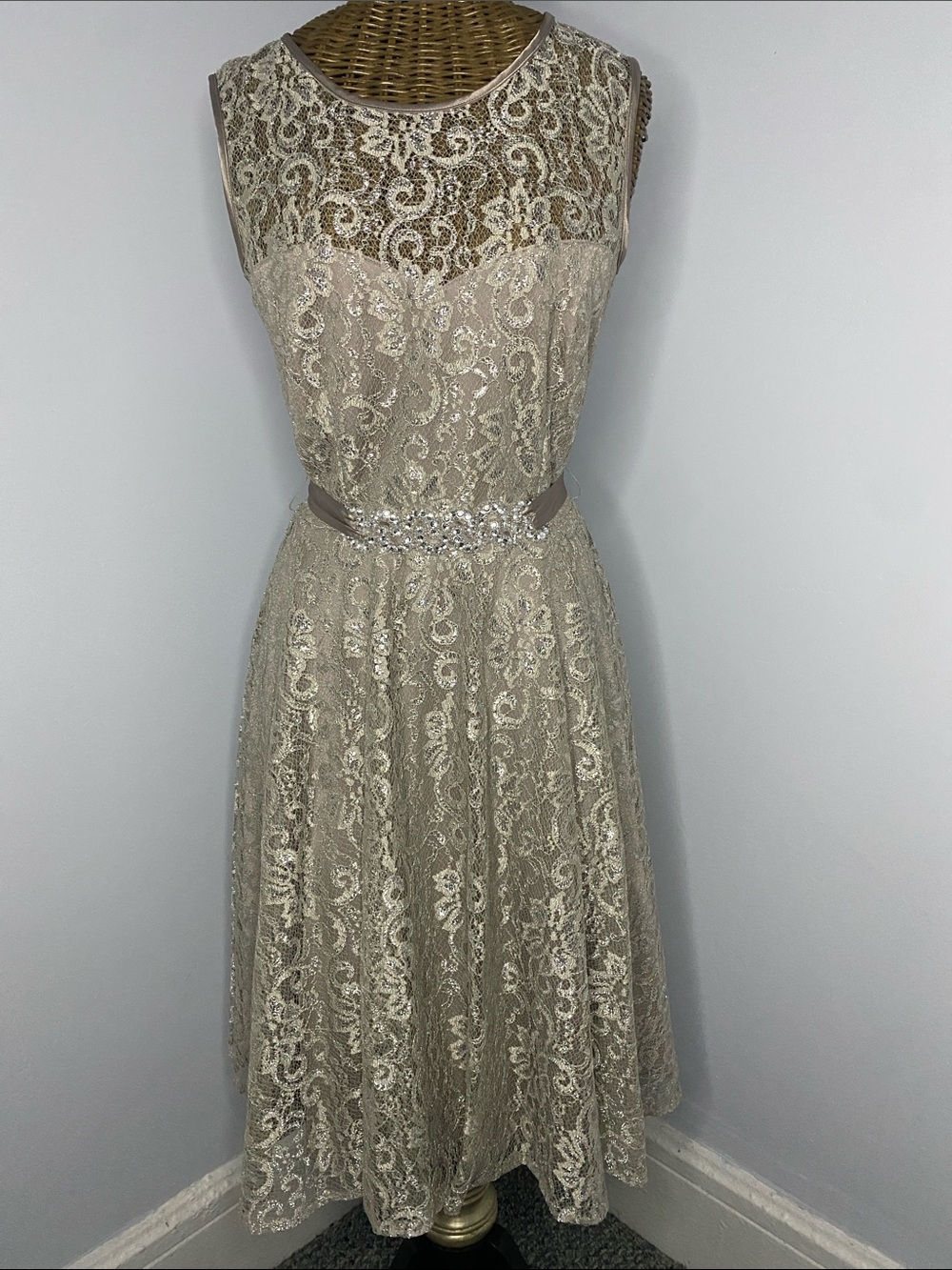 Betsy & Adam Lace Midi Dress in Champagne